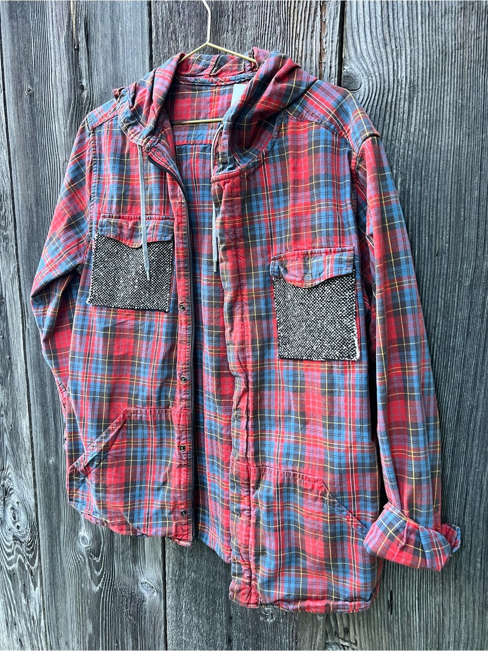 Red Blue Plaid Hooded Button-Up Shirt Jacket